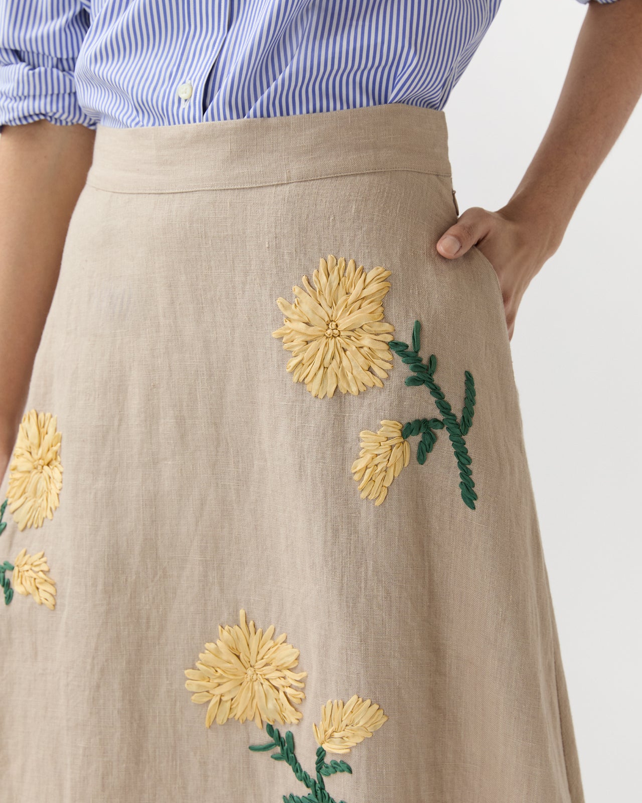 Renee Skirt in Yellow/Flax Ribbon Embroidered Linen