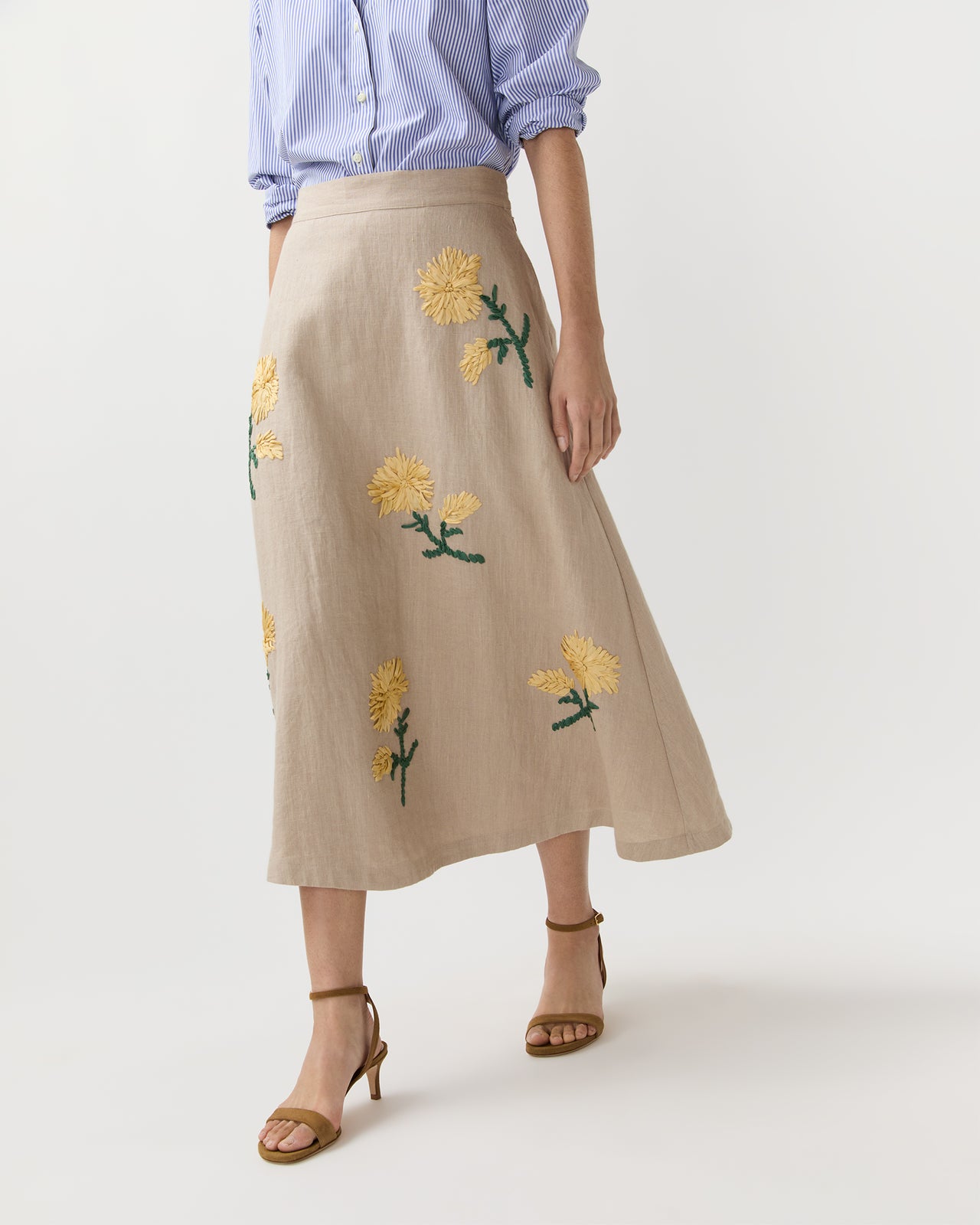 Renee Skirt in Yellow/Flax Ribbon Embroidered Linen