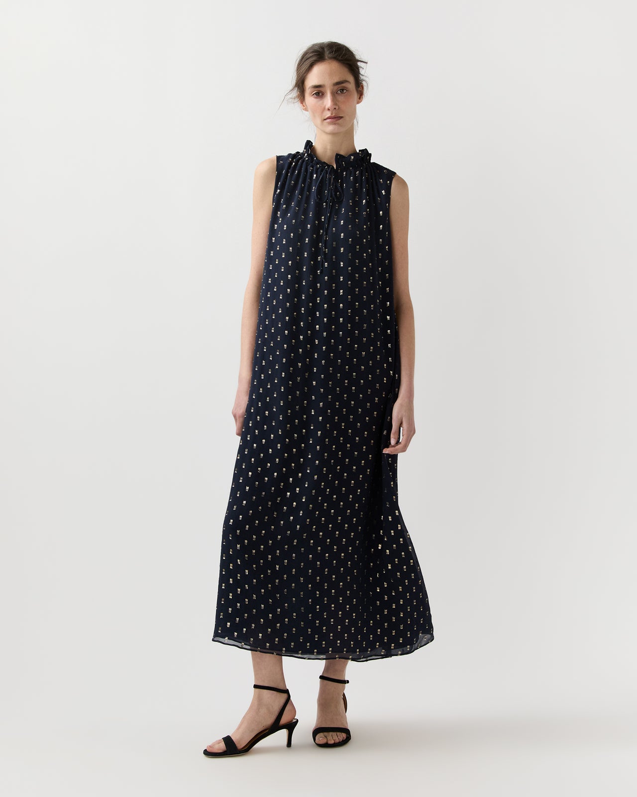 Cali Dress in Navy/Gold Metallic Fil Coupé Georgette