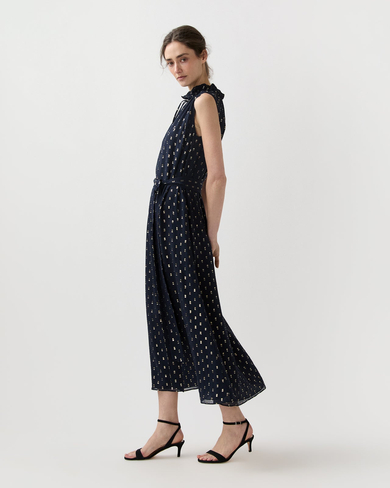 Cali Dress in Navy/Gold Metallic Fil Coupé Georgette