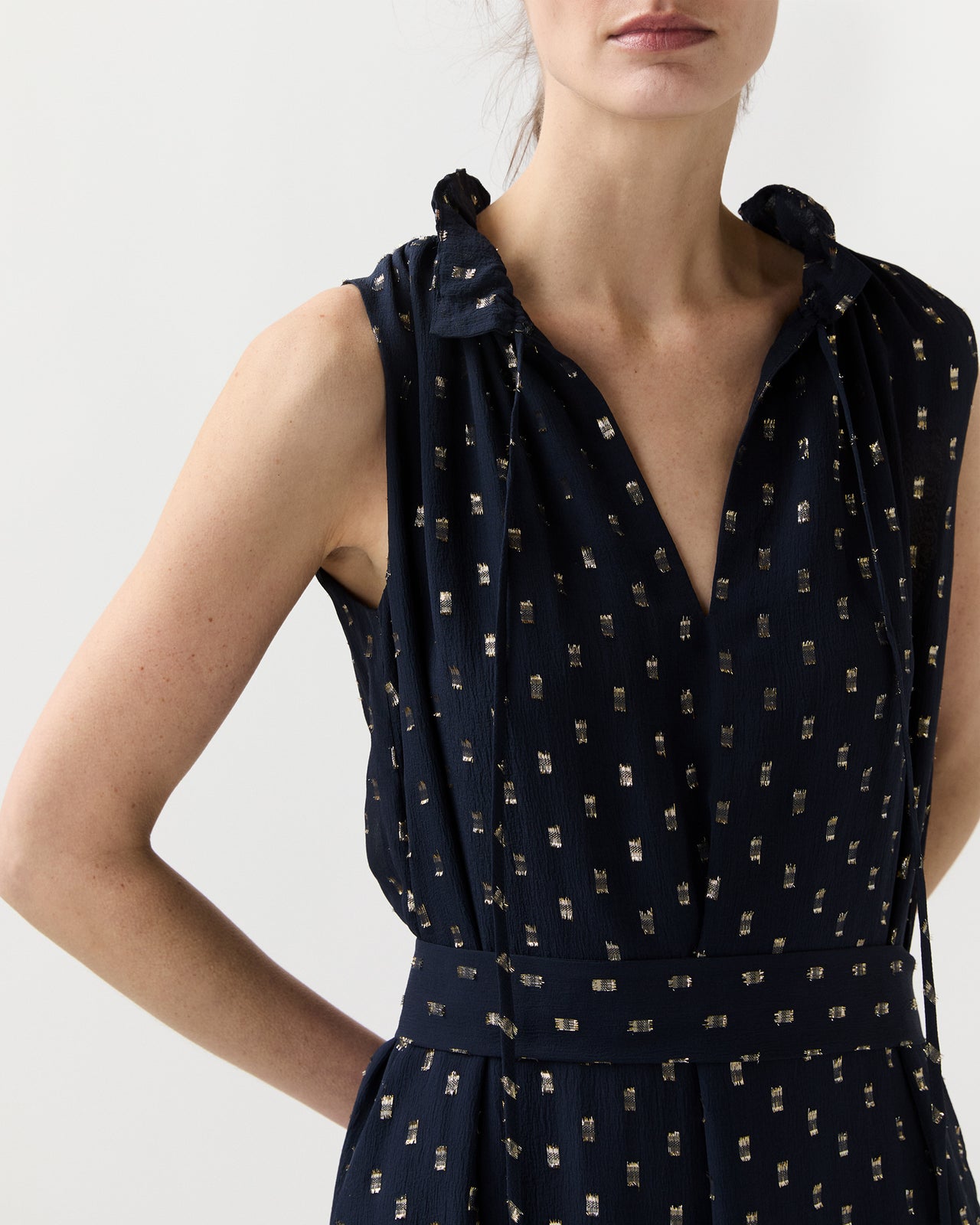 Cali Dress in Navy/Gold Metallic Fil Coupé Georgette