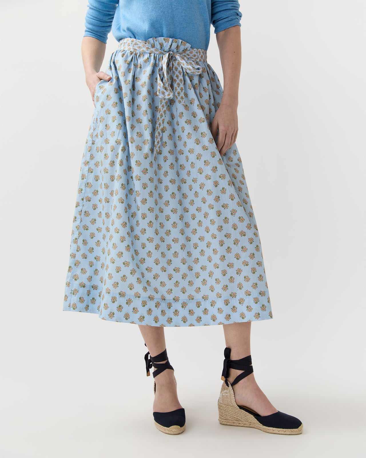 Mathilde Skirt in French Blue/Tangerine Mixed Floral Printed Poplin