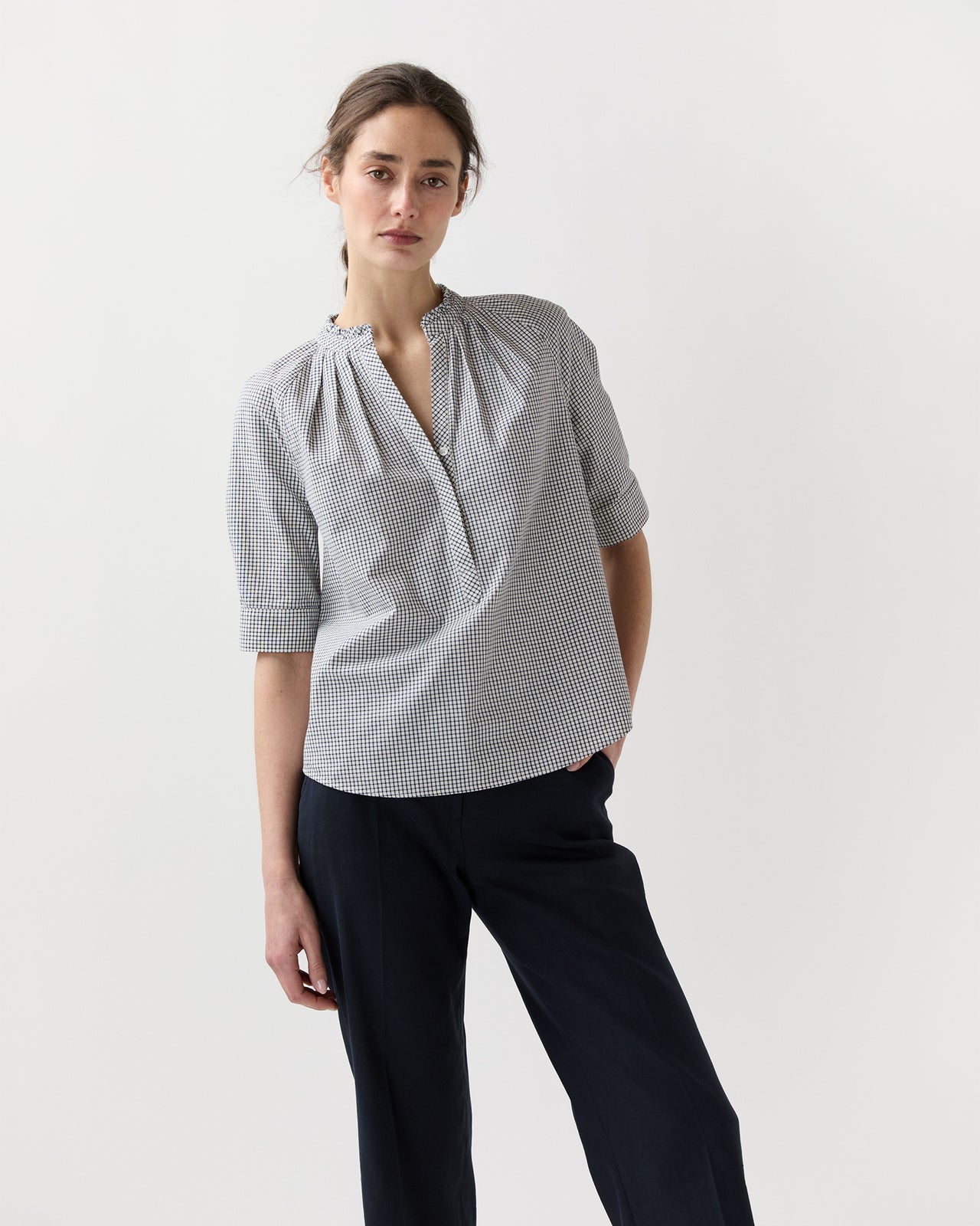 Sage Blouse in Navy/Ivory Graph Check