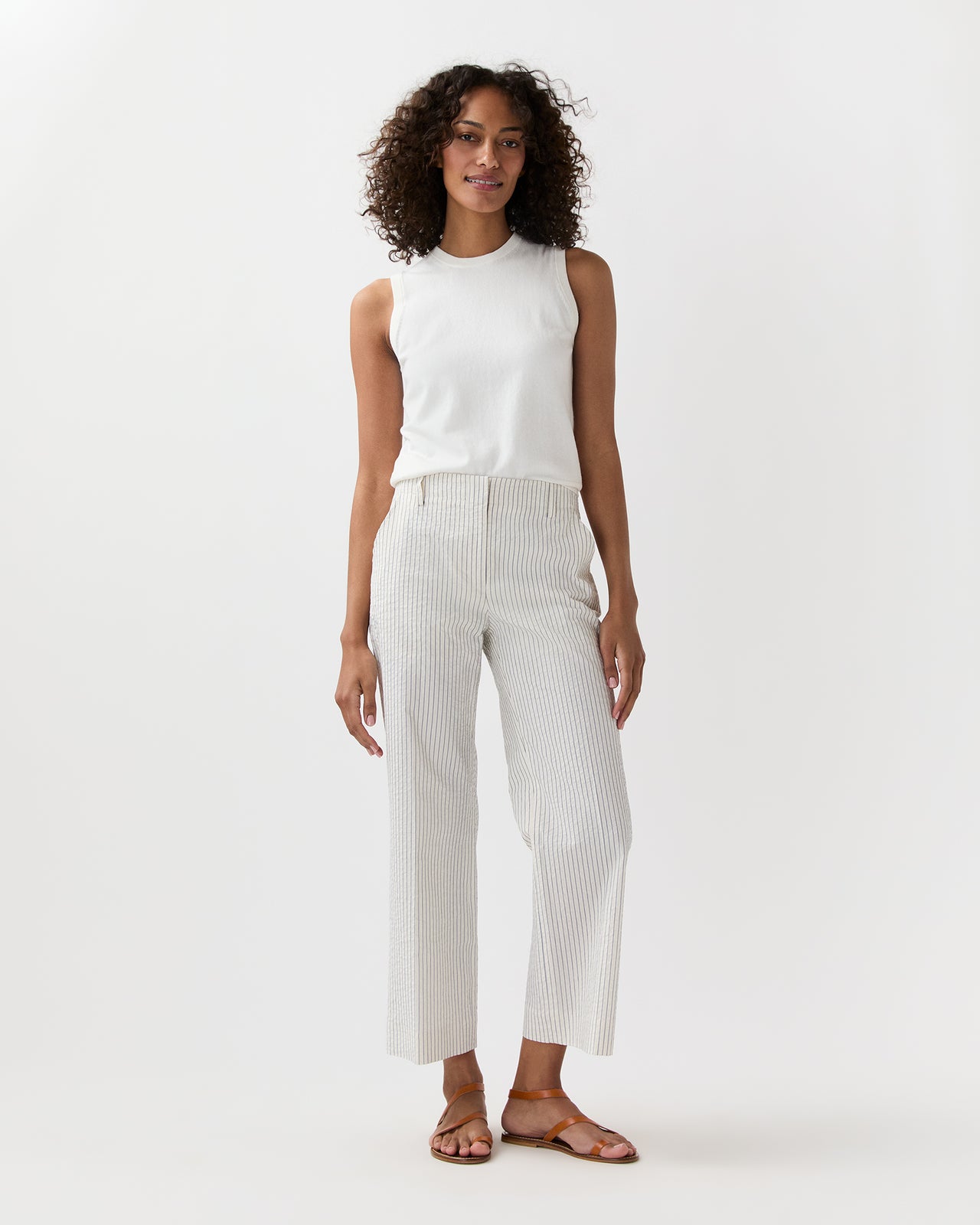 Frankie Cropped Pant in Ivory/Blue Crinkled Stripe