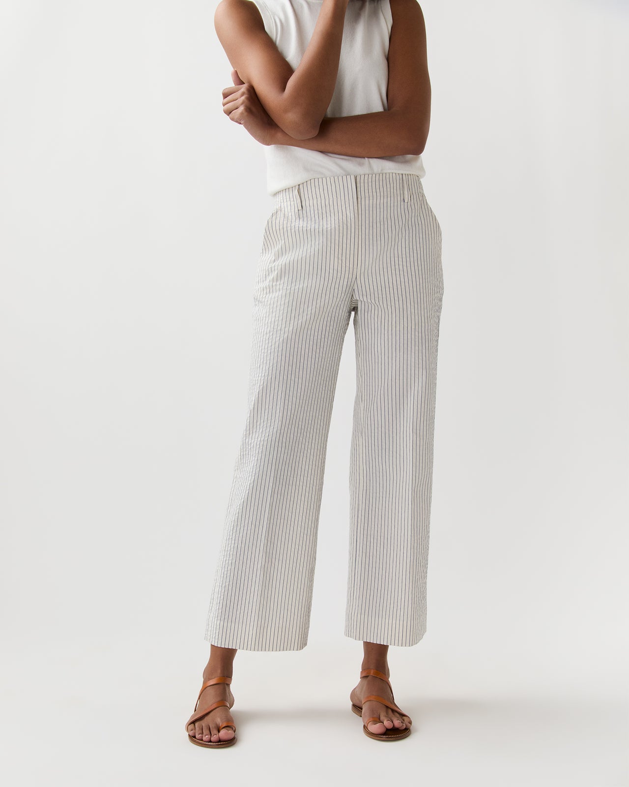 Frankie Cropped Pant in Ivory/Blue Crinkled Stripe