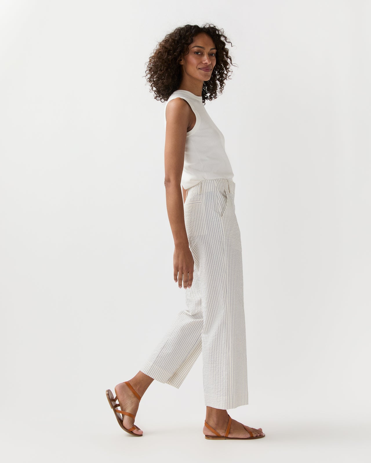 Frankie Cropped Pant in Ivory/Blue Crinkled Stripe