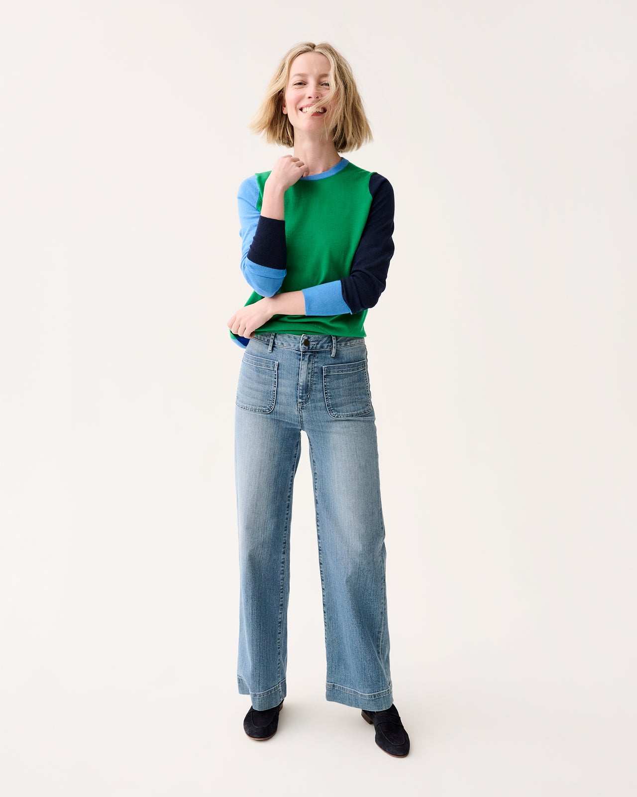 Kit Crewneck Sweater in French Blue/Green/Navy Colorblock Fine Gauge Cashmere