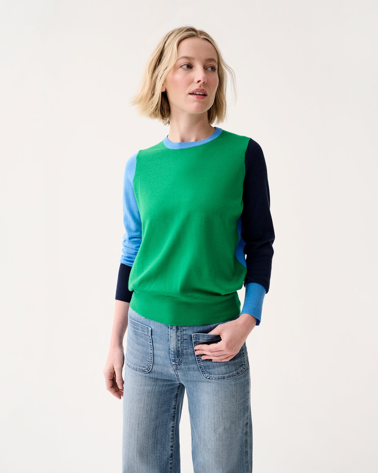 Kit Crewneck Sweater in French Blue/Green/Navy Colorblock Fine Gauge Cashmere