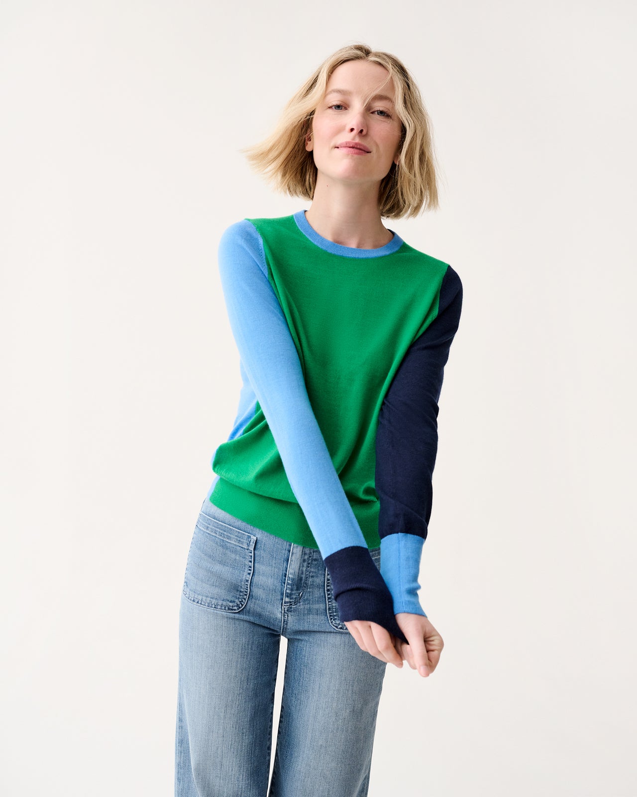 Kit Crewneck Sweater in French Blue/Green/Navy Colorblock Fine Gauge Cashmere