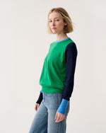 Load image into Gallery viewer, Kit Crewneck Sweater in French Blue/Green/Navy Colorblock Fine Gauge Cashmere
