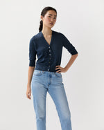 Load image into Gallery viewer, Short-Sleeved Rosie V-Neck Cardigan in Deep Indigo Linen
