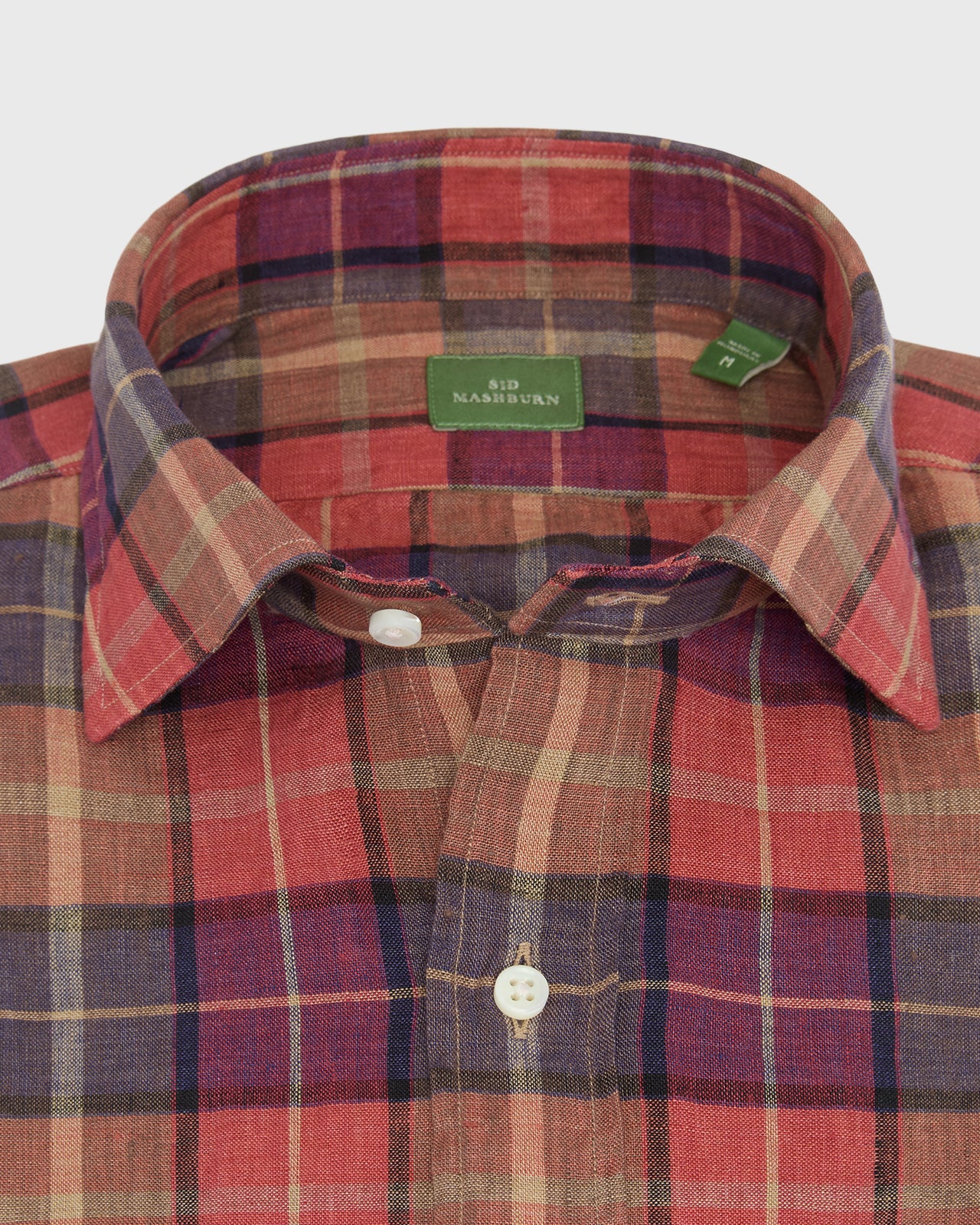 Spread Collar Sport Shirt in Red/Merlot/Khaki Plaid Linen
