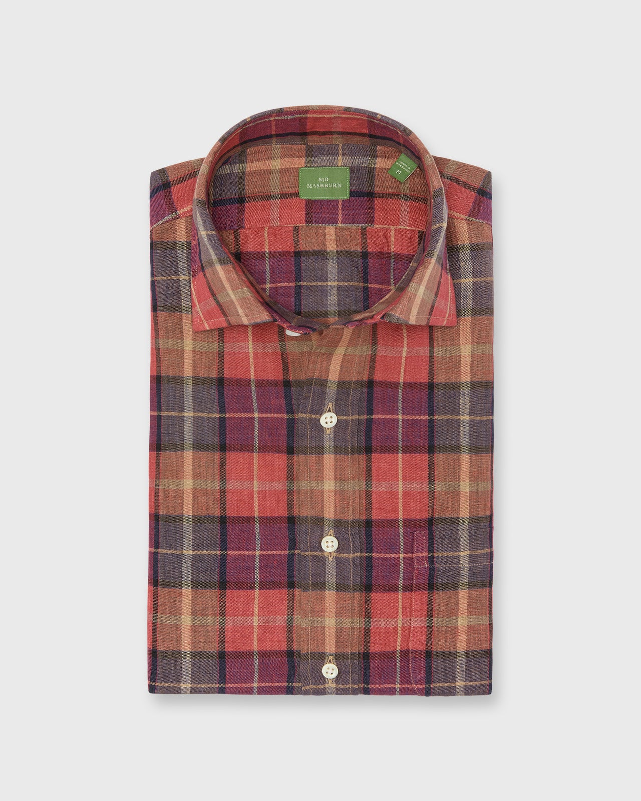 Spread Collar Sport Shirt in Red/Merlot/Khaki Plaid Linen