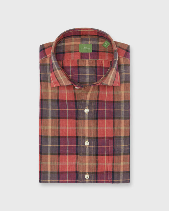 Spread Collar Sport Shirt in Red/Merlot/Khaki Plaid Linen