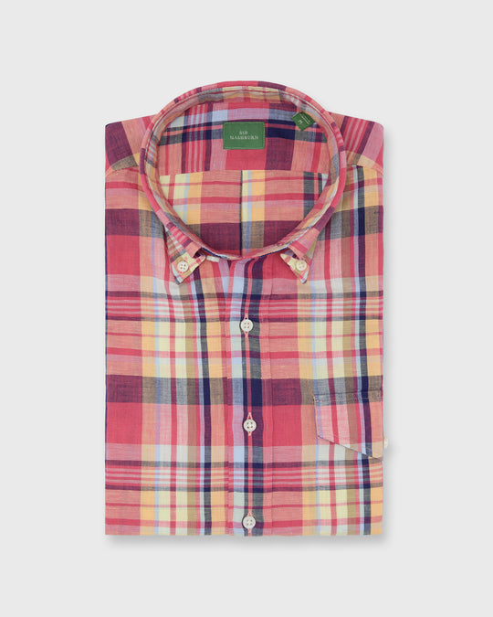 Short-Sleeved Button-Down Sport Shirt in Berry/Yellow/Blue Plaid Cotolino Oxford