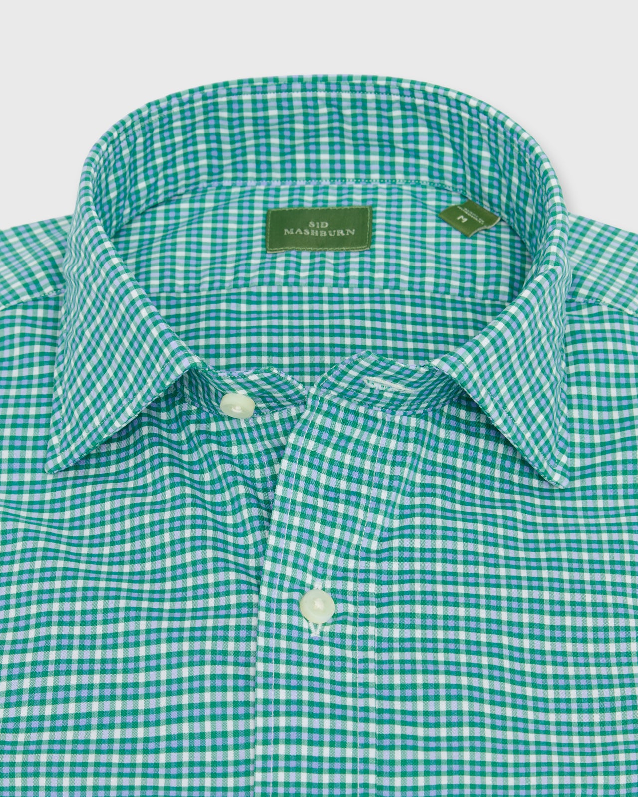 Spread Collar Sport Shirt in Green/Sky/White Check Poplin