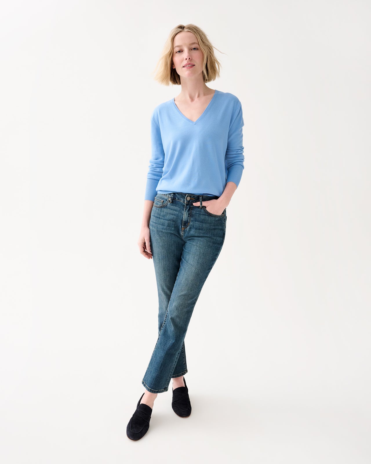 Kate V-Neck Sweater in French Blue Escorial Wool