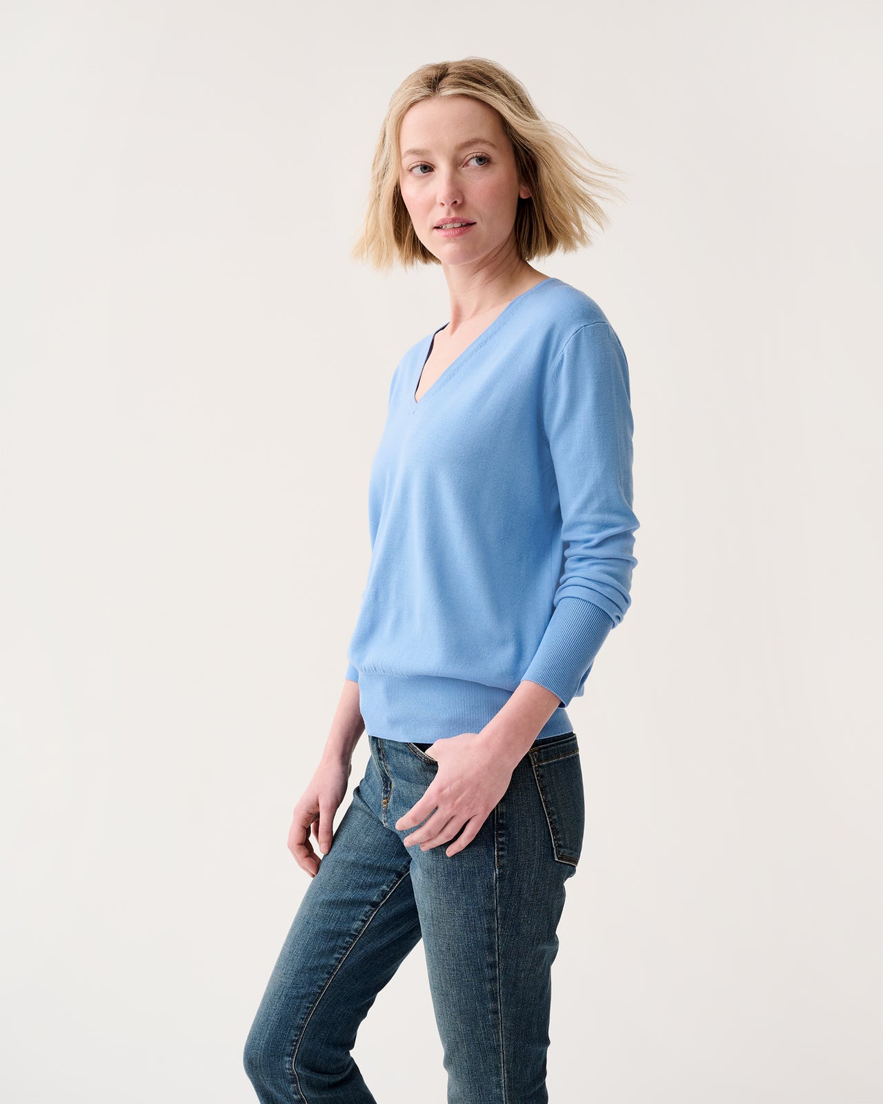 Kate V-Neck Sweater in French Blue Escorial Wool