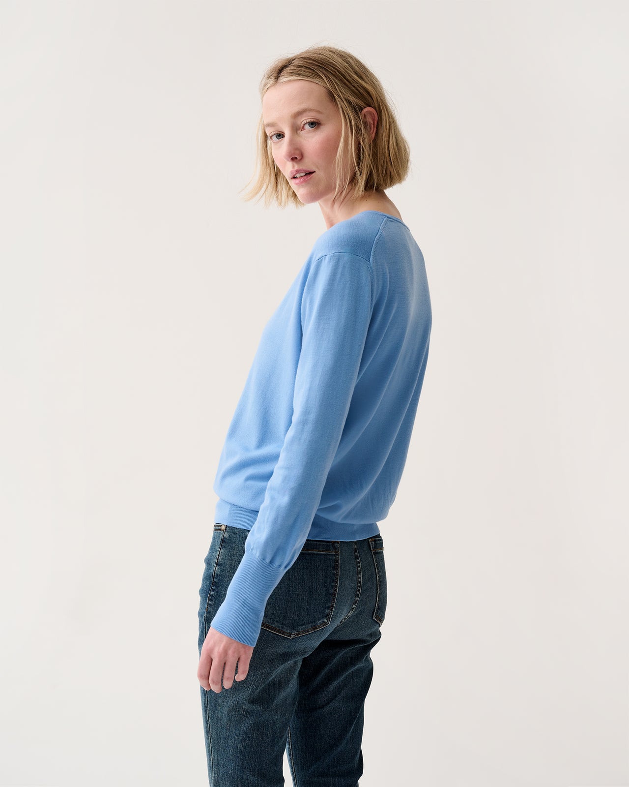 Kate V-Neck Sweater in French Blue Escorial Wool