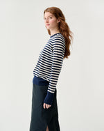 Load image into Gallery viewer, Kit Crewneck Sweater in Navy/Ivory Stripe Fine Gauge Cashmere
