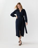 Load image into Gallery viewer, Trapunto Neck Dress in Navy Silk Crepe De Chine
