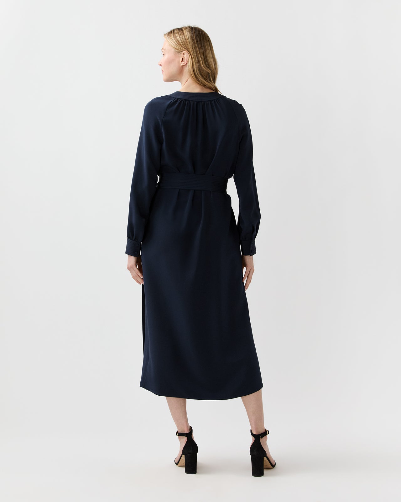 Trapunto Neck Dress in Navy Silk Crepe De Chine