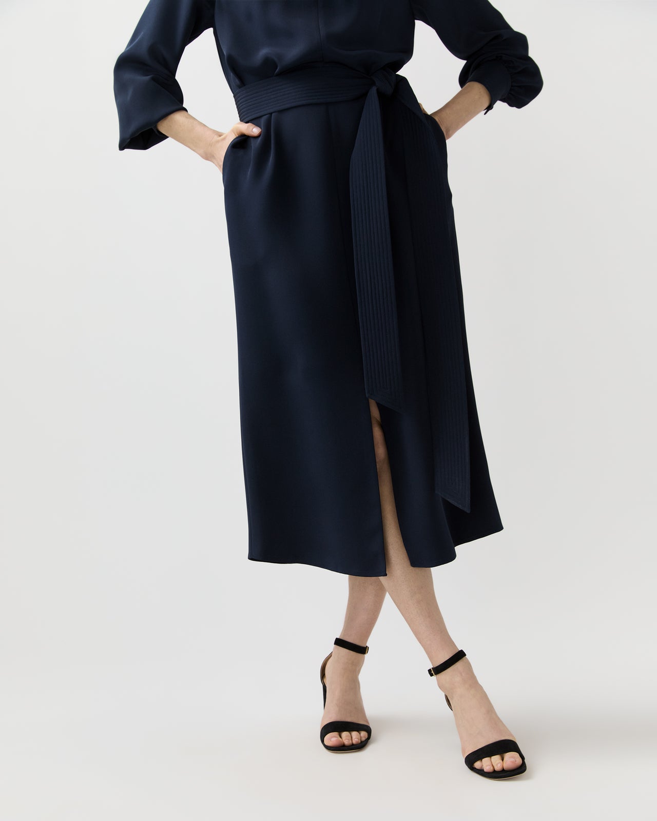 Trapunto Neck Dress in Navy Silk Crepe De Chine