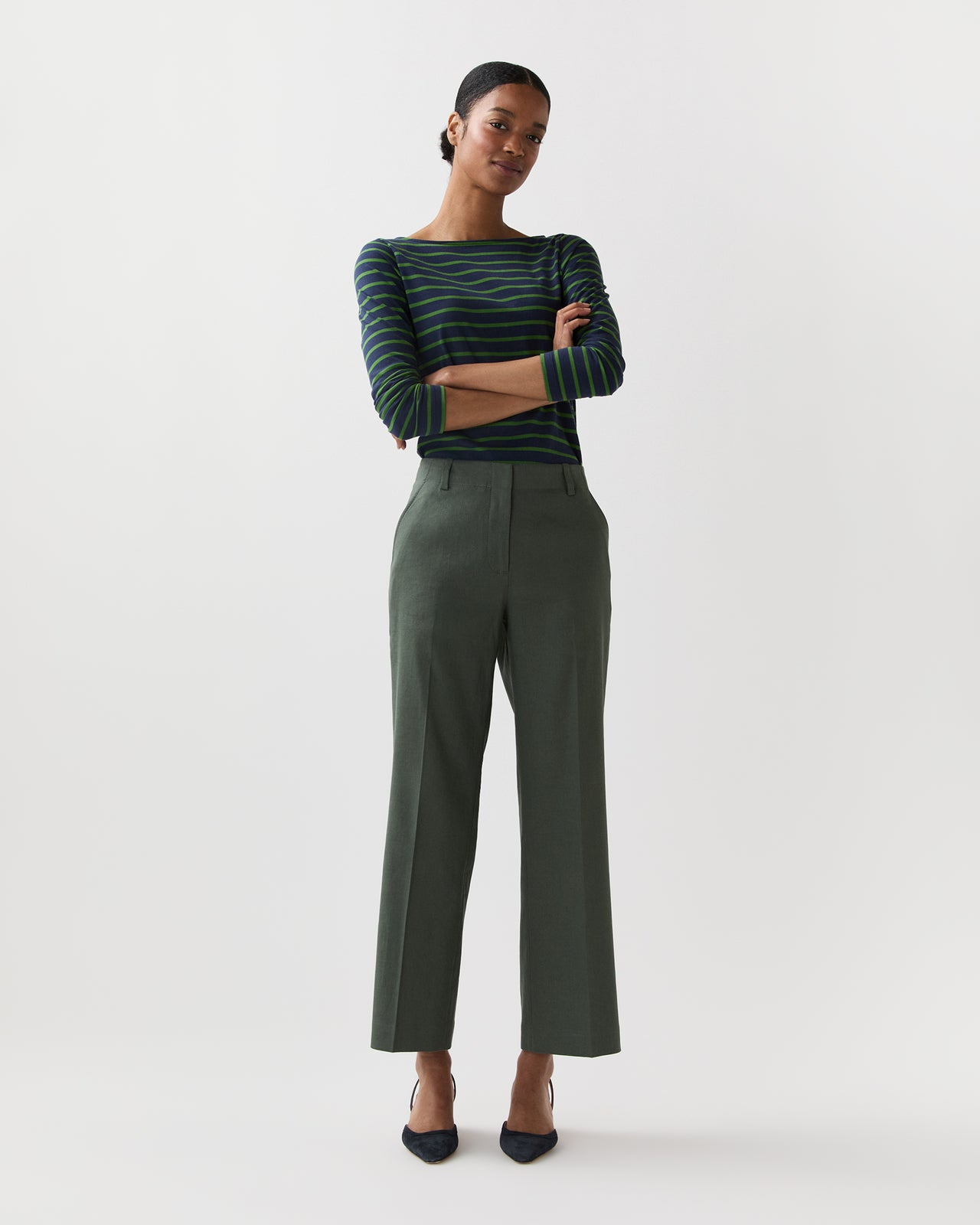 Long-Sleeved Boatneck Tee in Navy/Green Stripe Jersey