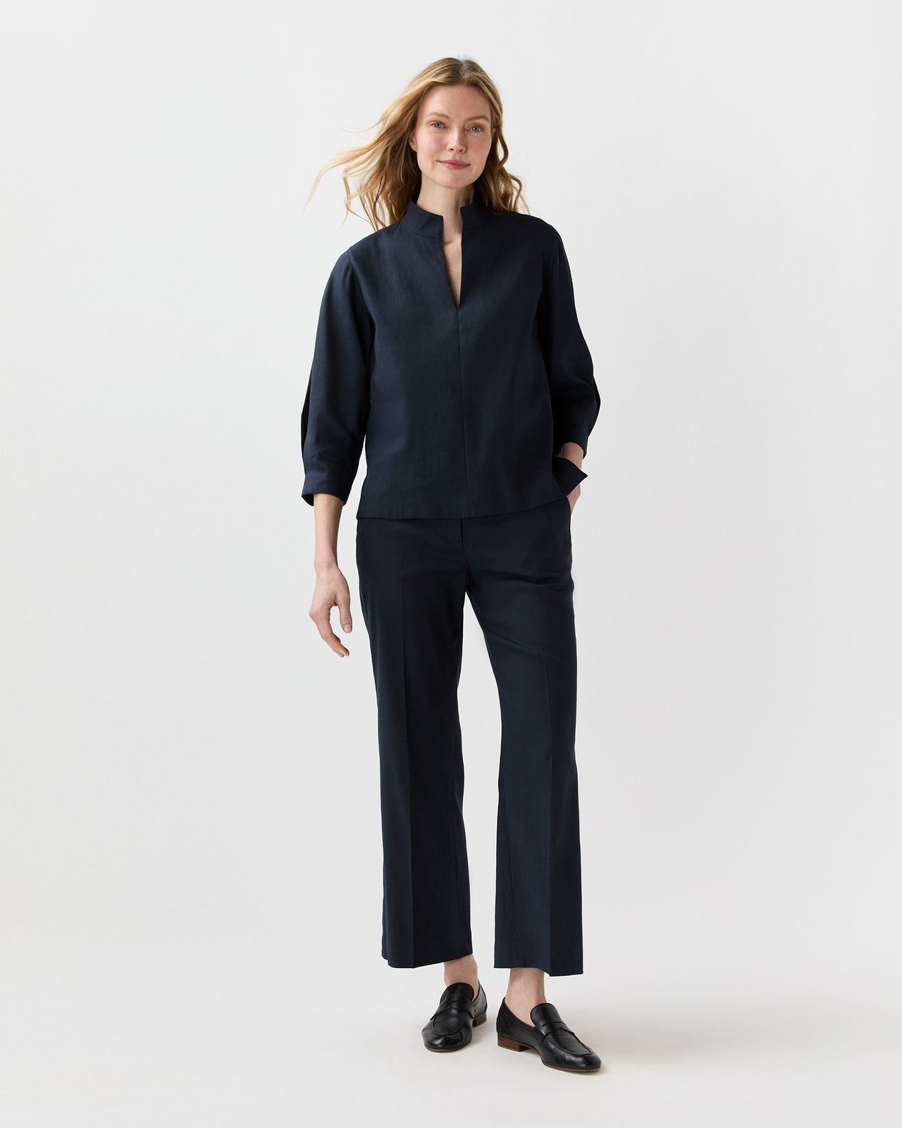 3/4-Sleeved Violetta Top in Navy Stretch Cotolino