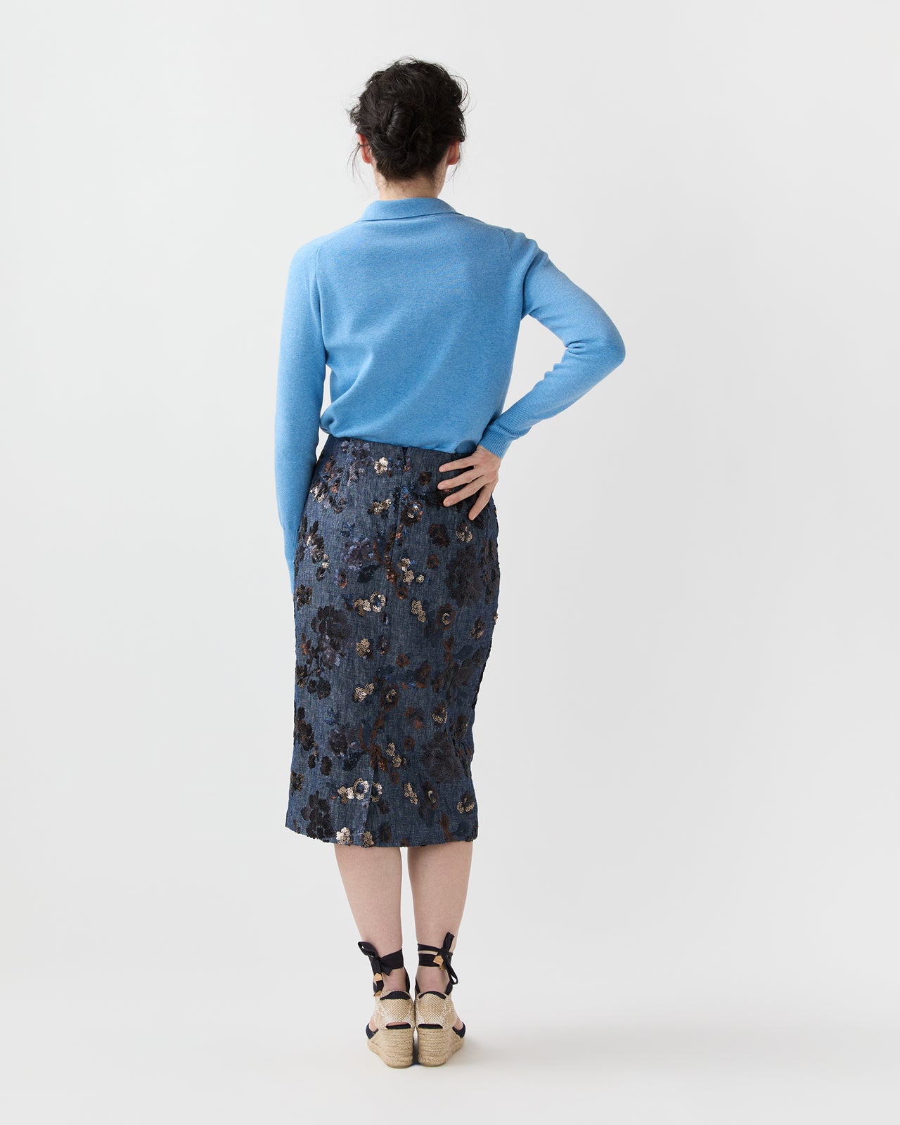Aurora Skirt in Indigo Floral Sequin Embroidered Twill