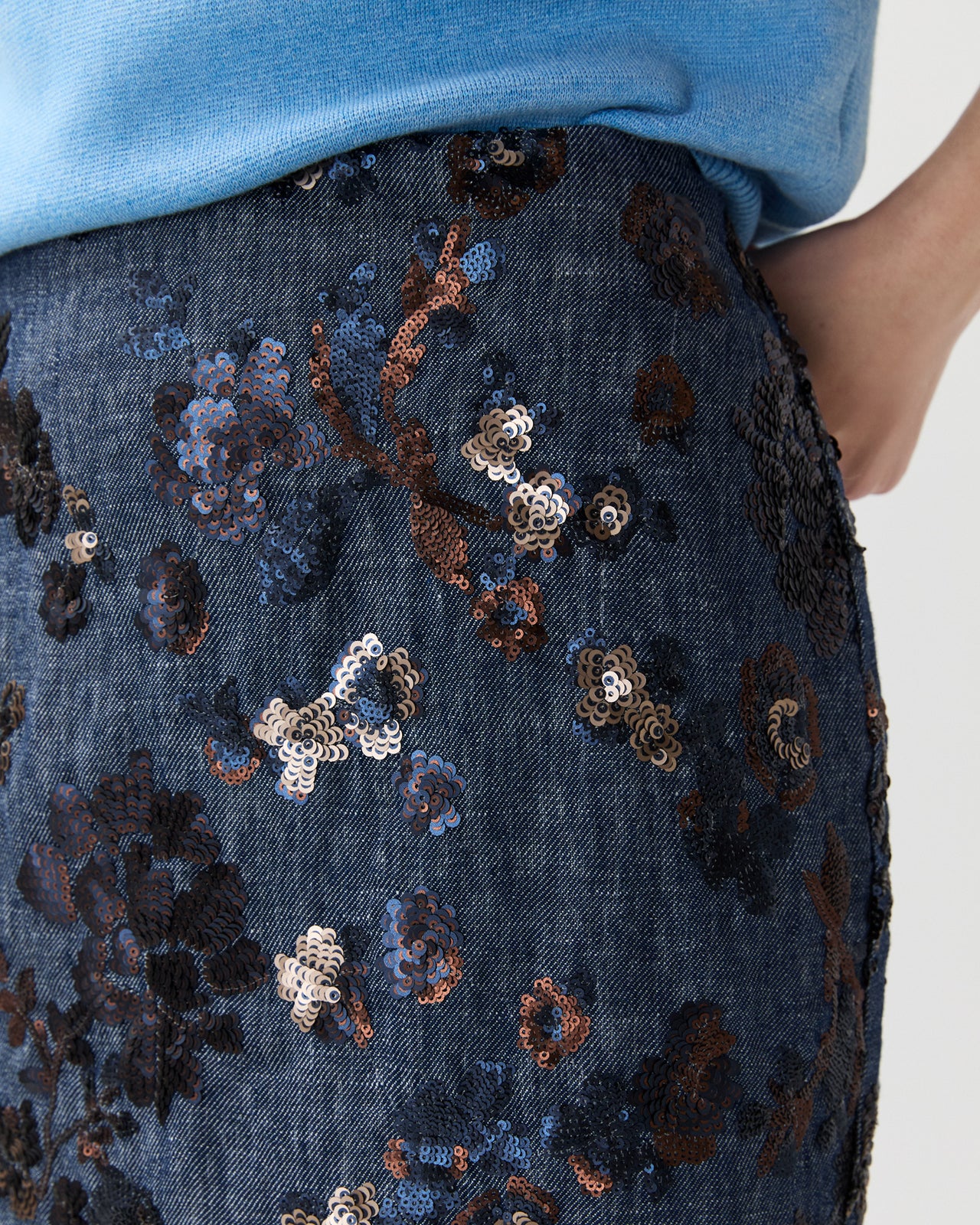 Aurora Skirt in Indigo Floral Sequin Embroidered Twill