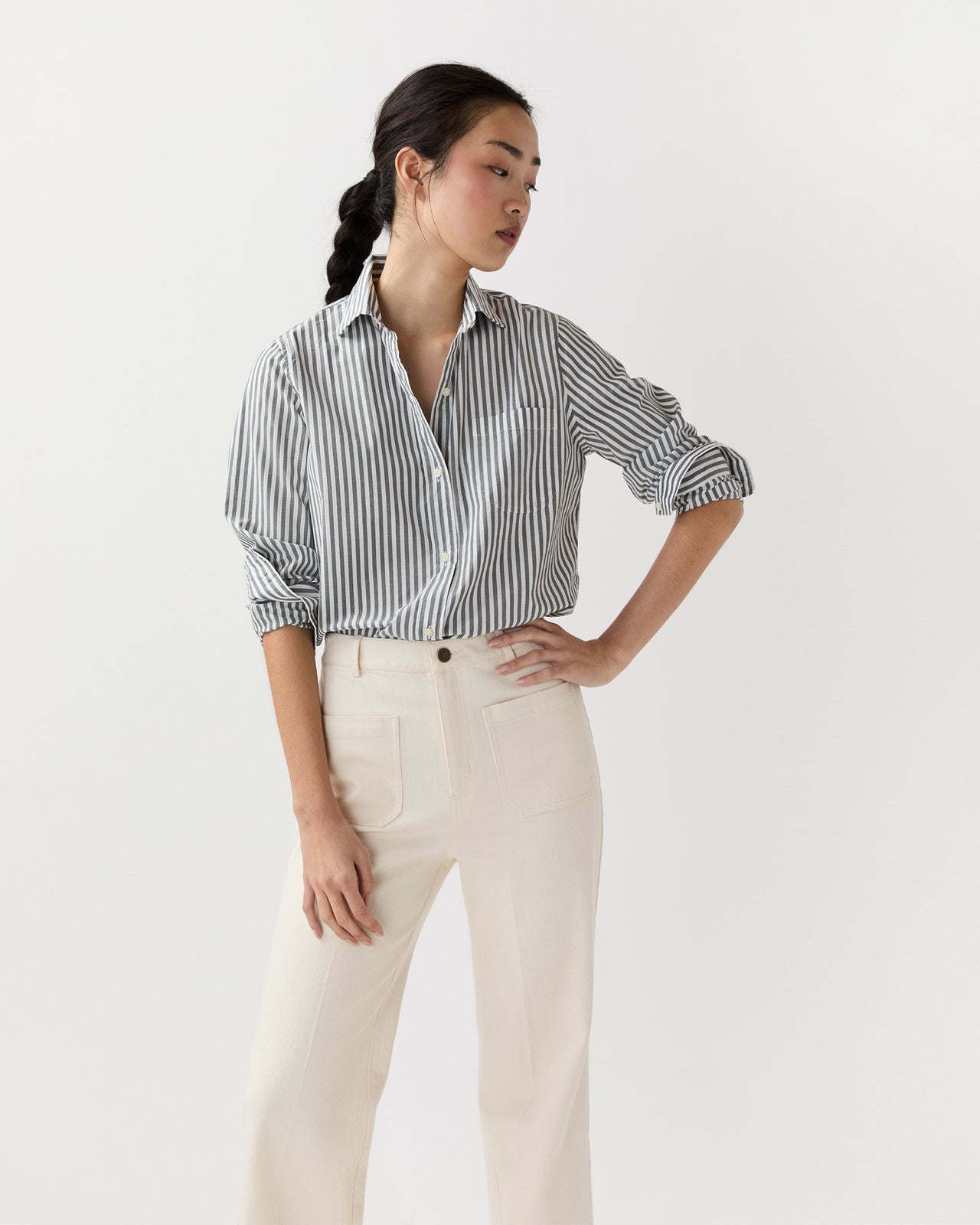 Sidney Shirt in Olive/White Stripe Chambray