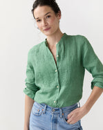 Load image into Gallery viewer, Mandarin Hattie Shirt in Grass Sahara Linen
