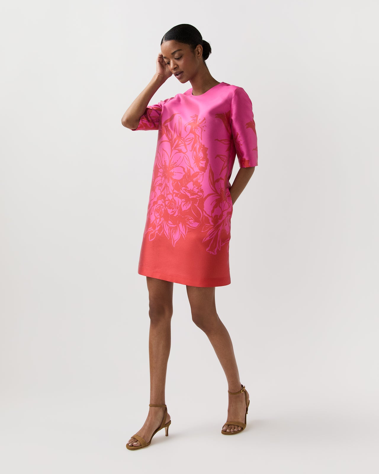 Short Paige Dress in Pink/Red Floral Printed Mikado