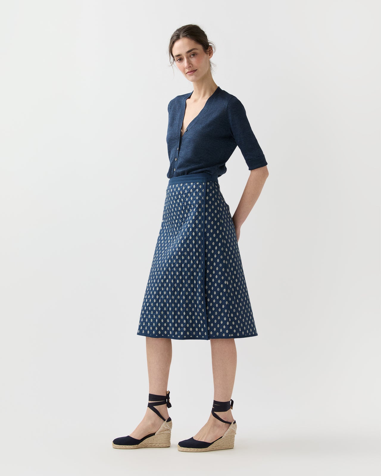 Quilted Adley Wrap Skirt in Navy/Ivory Mixed Provençal Printed Poplin