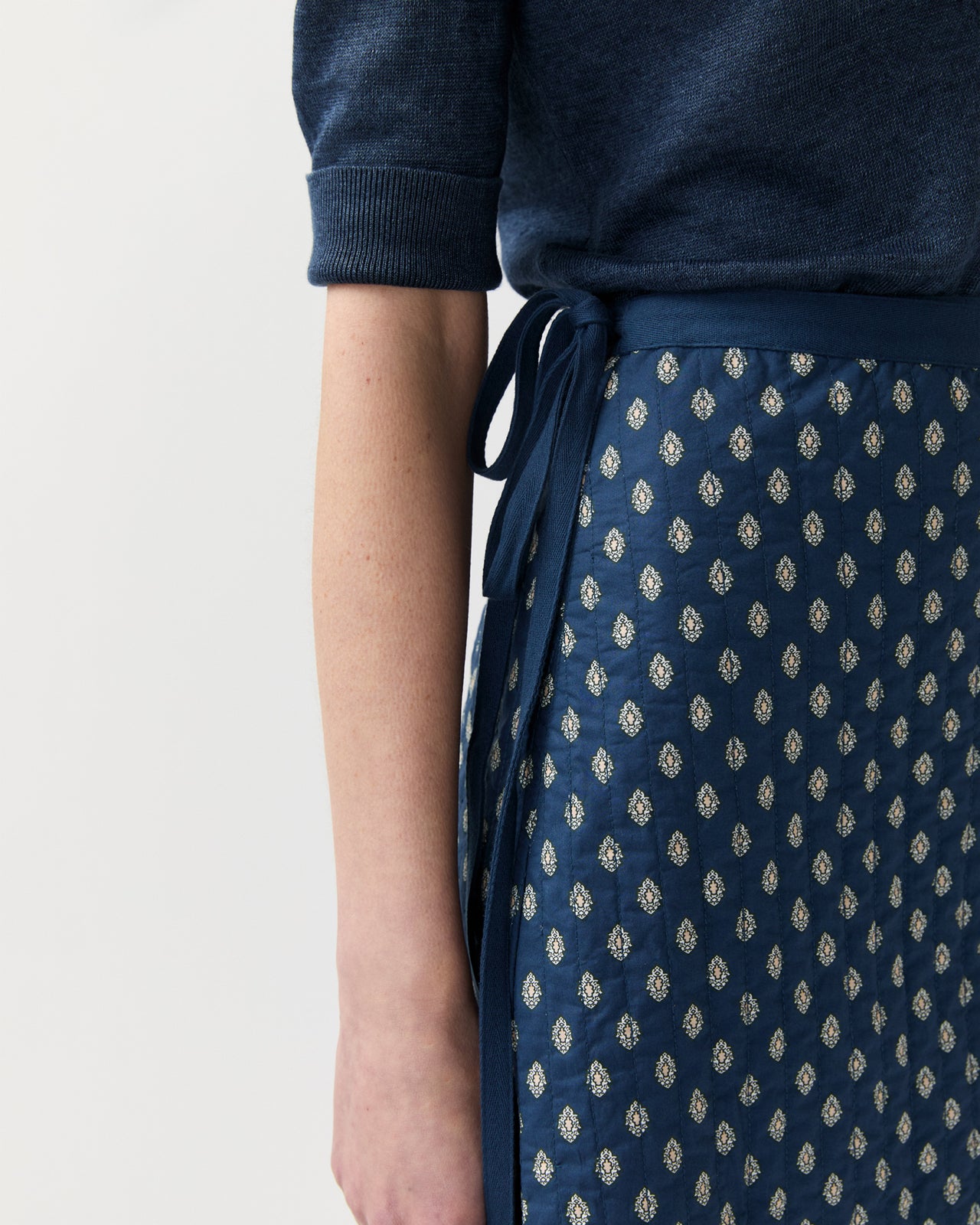 Quilted Adley Wrap Skirt in Navy/Ivory Mixed Provençal Printed Poplin