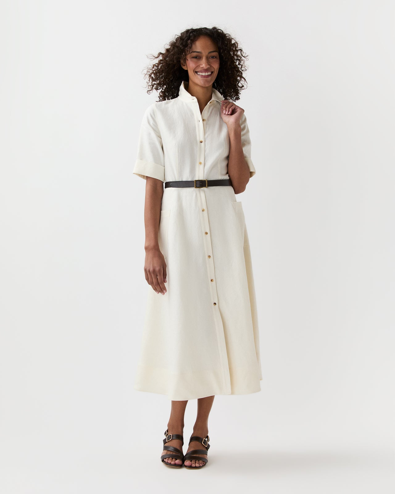 Emery Shirtwaist Dress in Ivory Stretch Linen Twill
