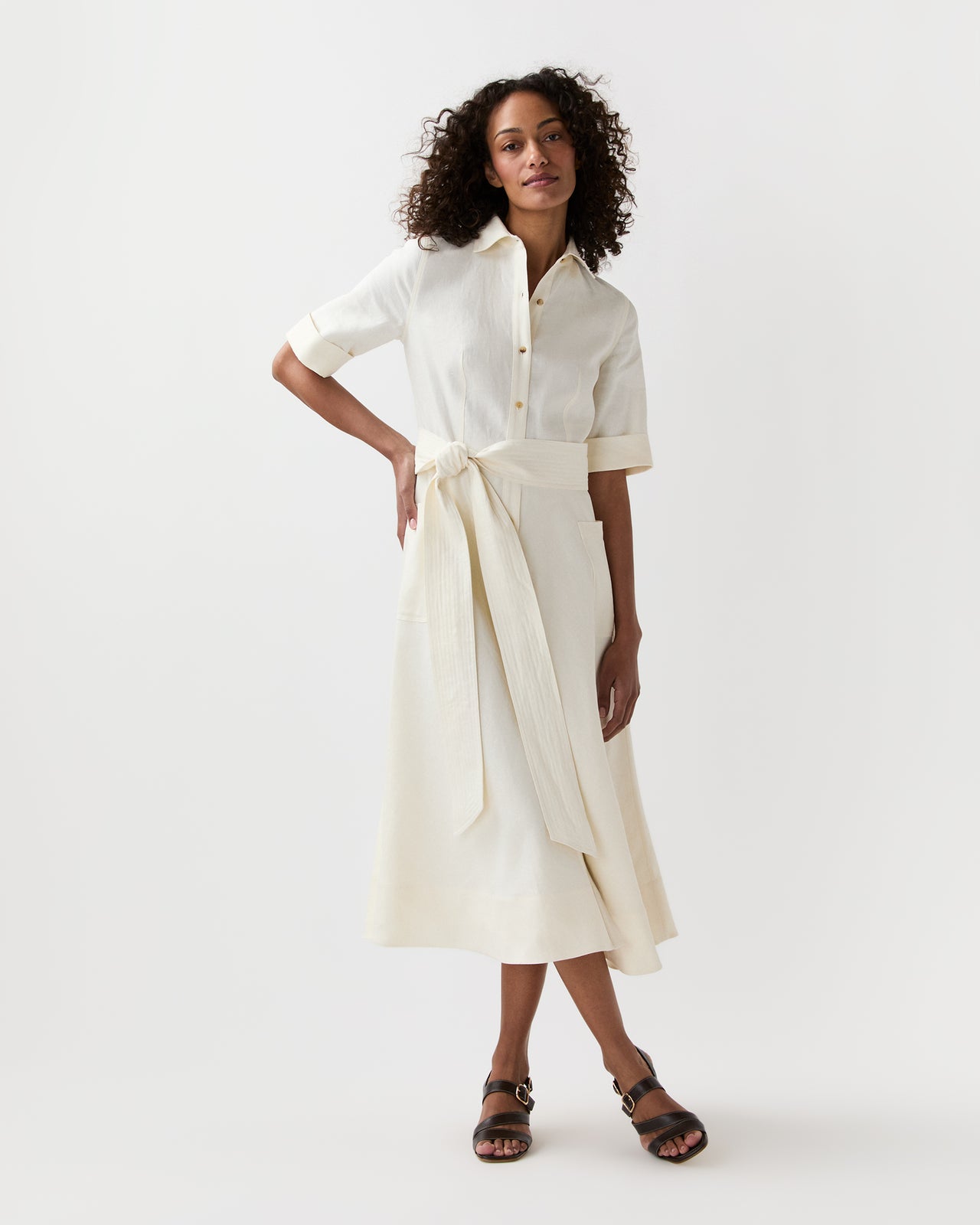 Emery Shirtwaist Dress in Ivory Stretch Linen Twill
