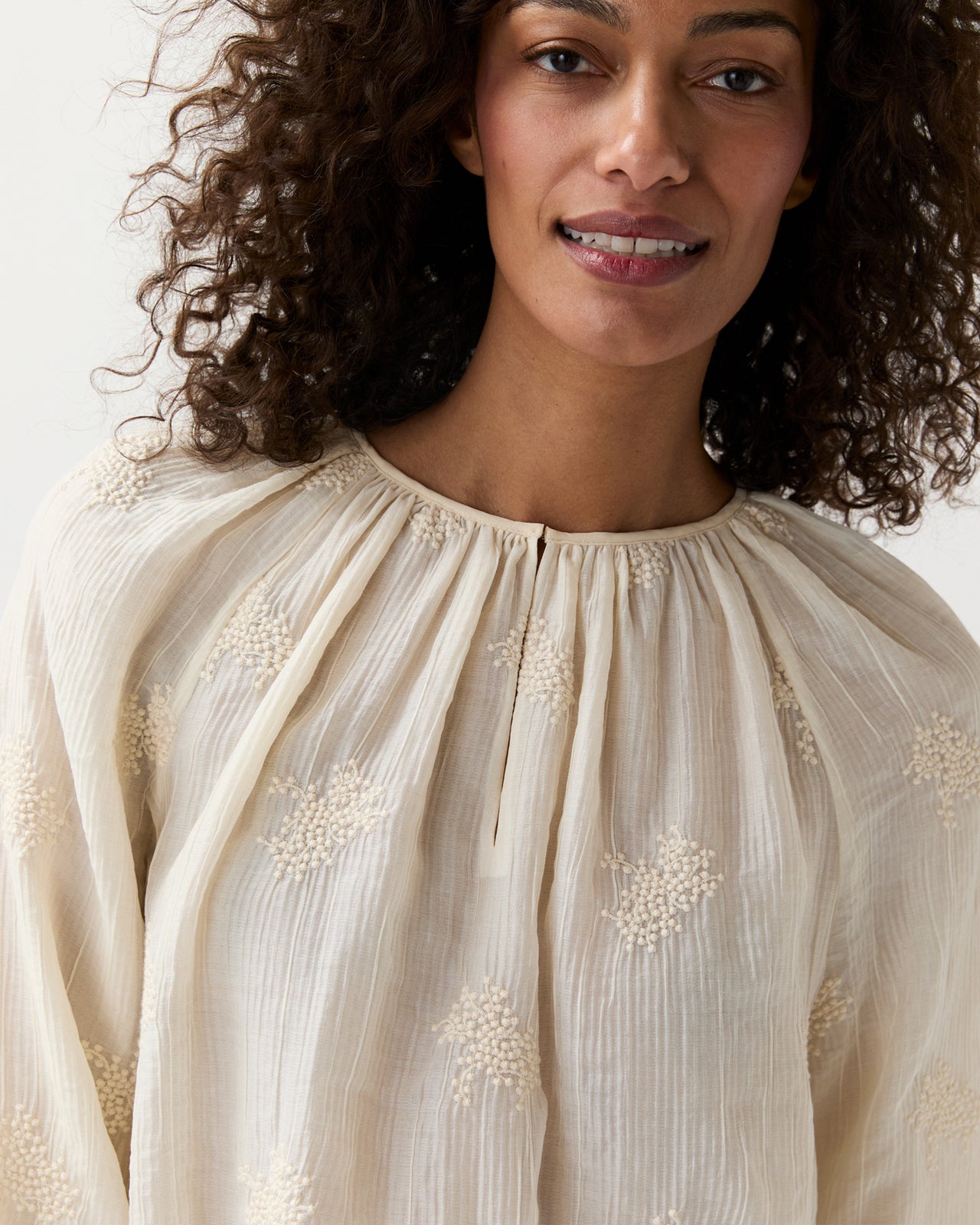 Ariana Blouse in Ivory Embroidered Crinkled Gauze
