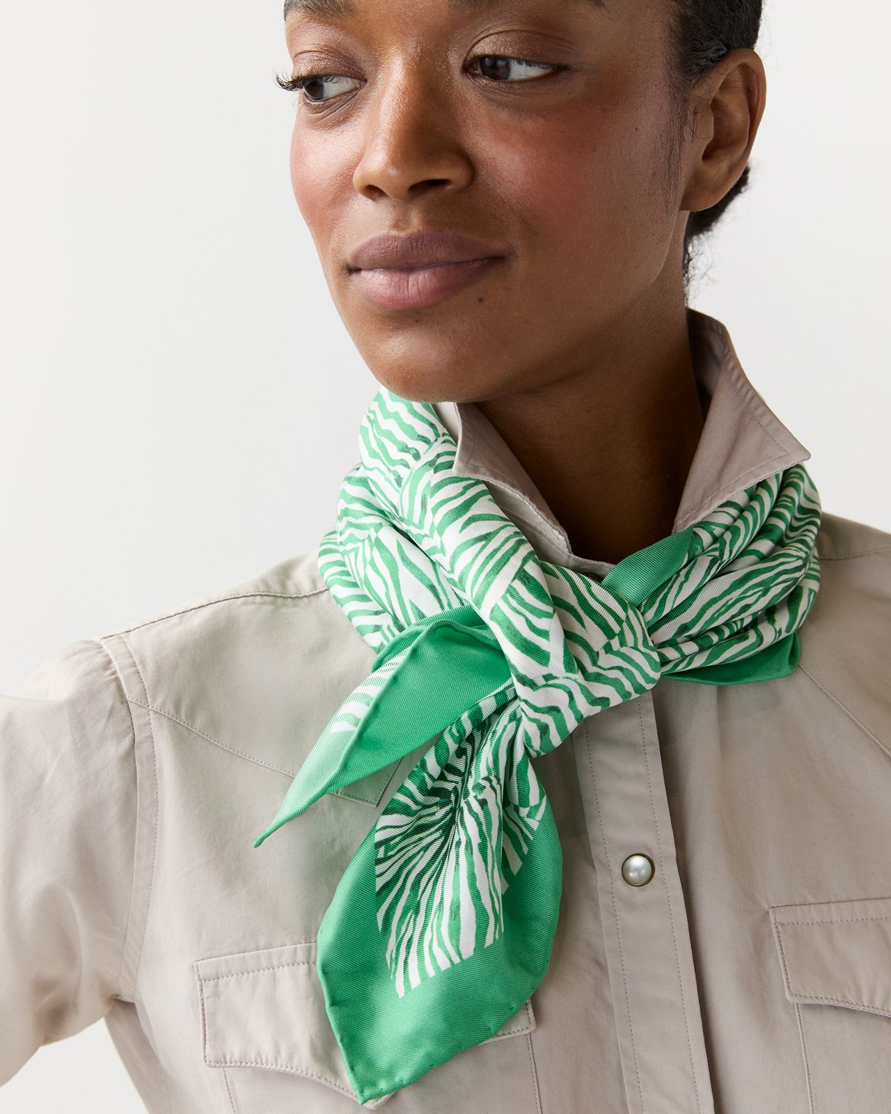 Large Hand-Rolled Scarf in Green Stripe and Bow Liberty Fabric Silk Twill