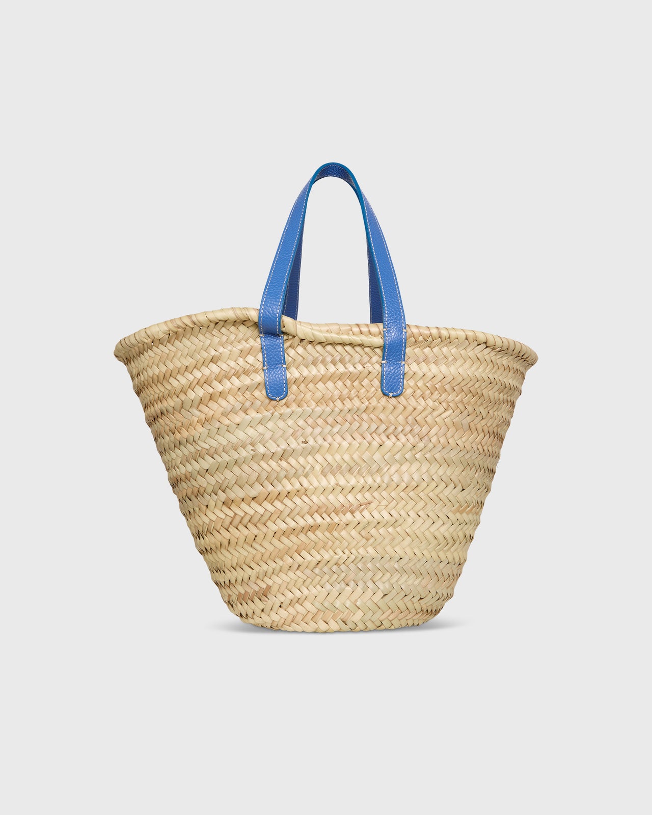 Leather Handle Straw Tote in Natural Straw/Blue Leather