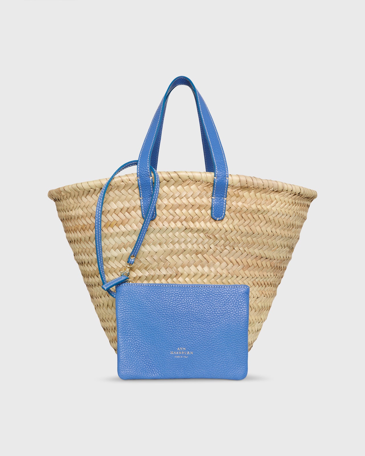 Leather Handle Straw Tote in Natural Straw/Blue Leather