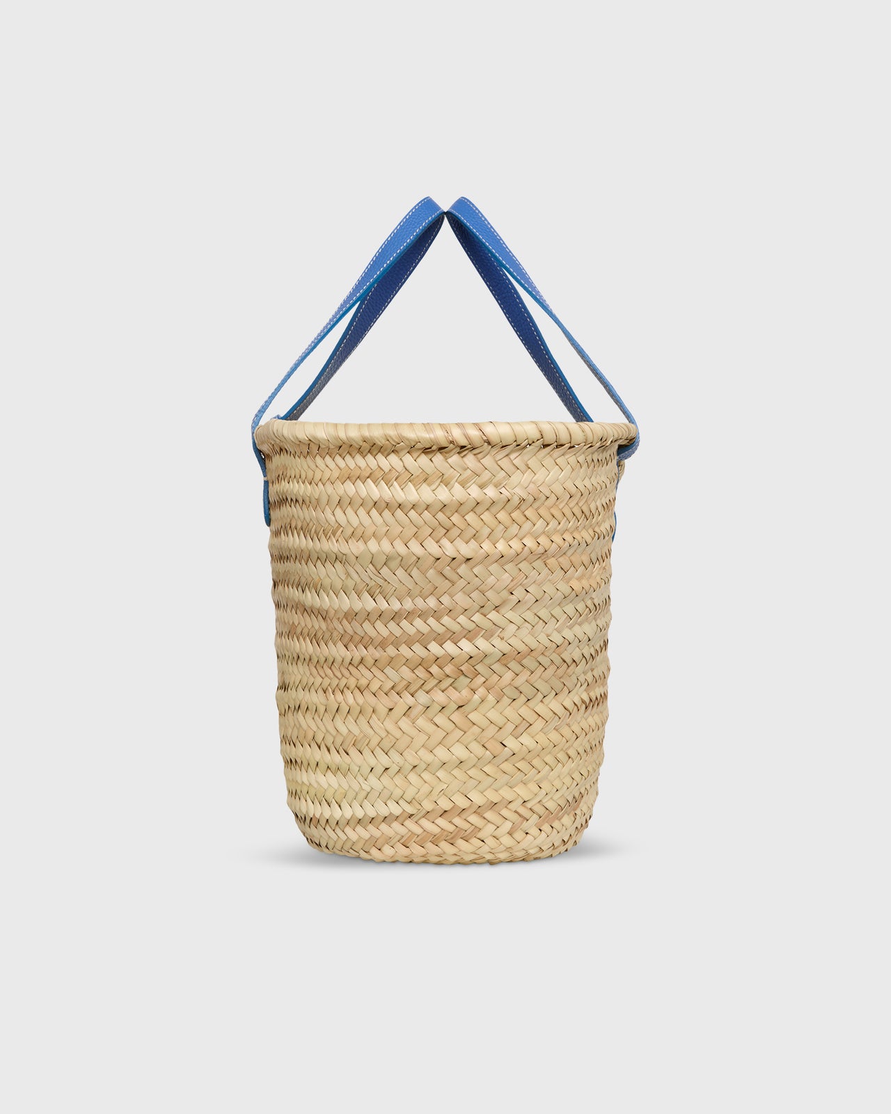 Leather Handle Straw Tote in Natural Straw/Blue Leather