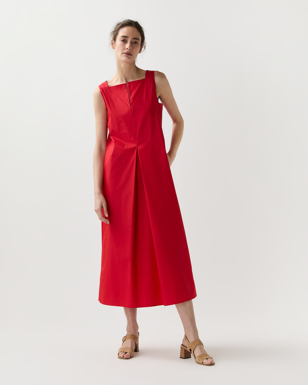 Lea Dress in Red Cotton/Nylon Poplin