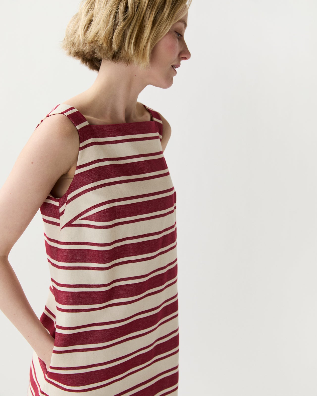 Madelyn Dress in Cherry/Natural Bold Stripe Canvas