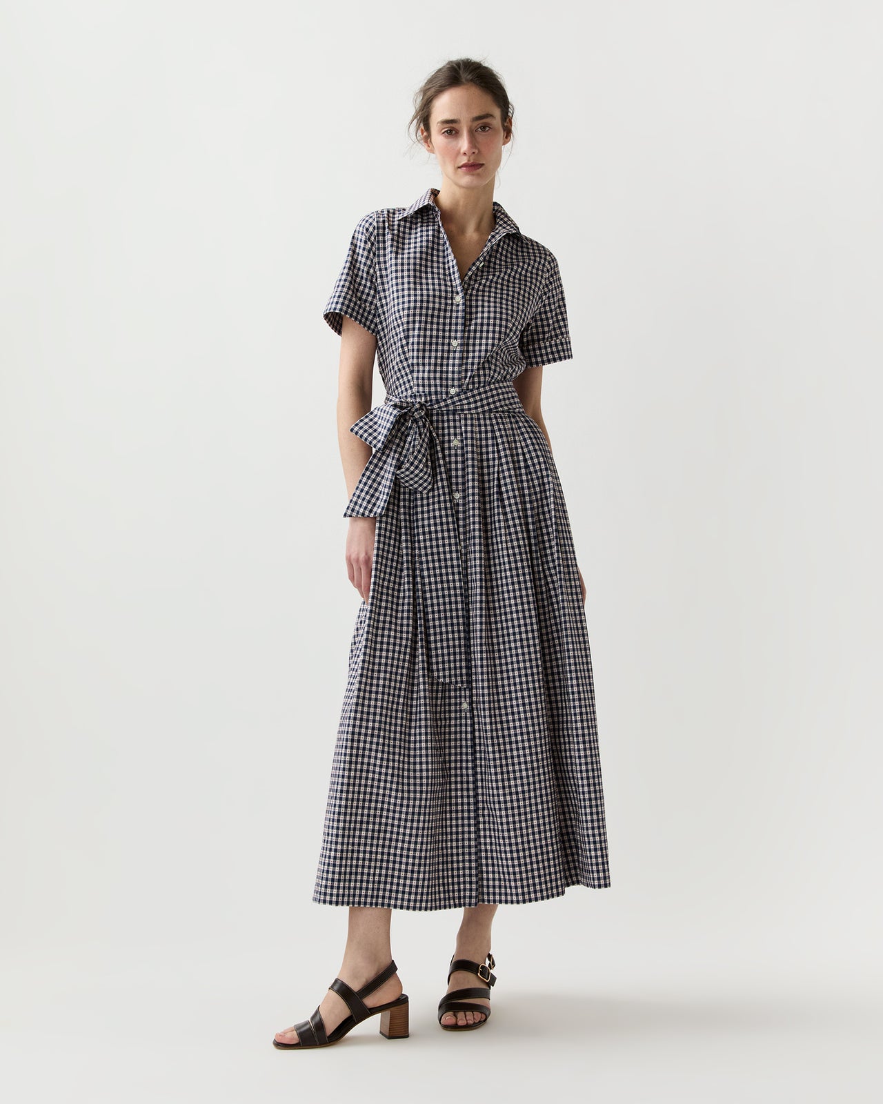 Short-Sleeved Classic Shirtwaist Maxi Dress in Navy/Red Embroidered Gingham