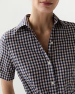 Load image into Gallery viewer, Short-Sleeved Classic Shirtwaist Maxi Dress in Navy/Red Embroidered Gingham
