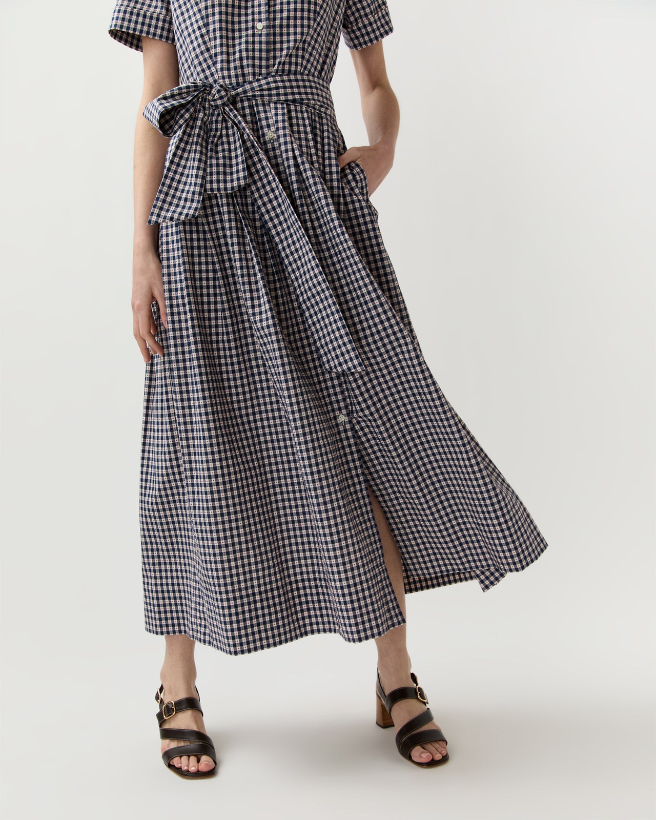 Short-Sleeved Classic Shirtwaist Maxi Dress in Navy/Red Embroidered Gingham