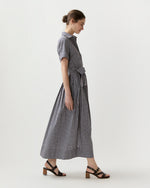 Load image into Gallery viewer, Short-Sleeved Classic Shirtwaist Maxi Dress in Navy/Red Embroidered Gingham
