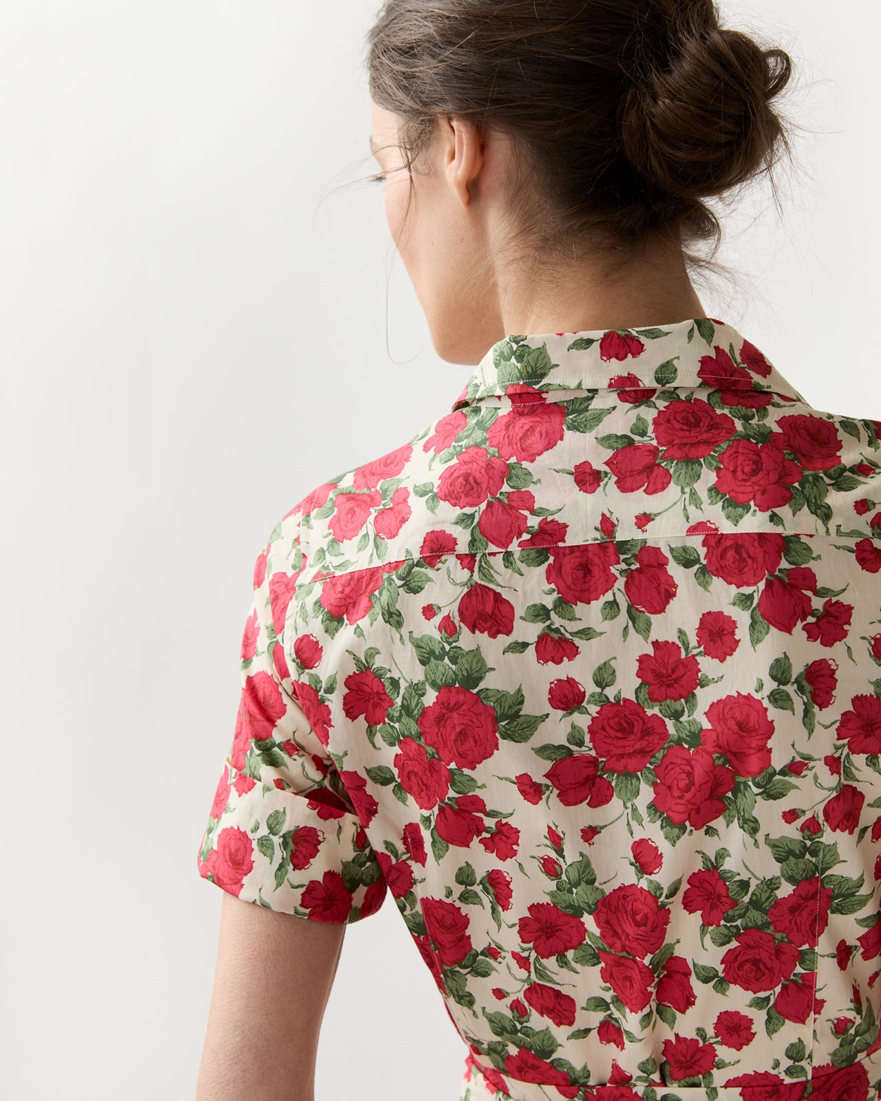 Short-Sleeved Classic Shirtwaist Maxi Dress in Red Carline Rose Liberty Fabric